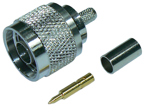 Low P.I.M. N-type male crimp connector for RG142 teflon dielectric, DC-11 GHz, 50 Ohms – tri-metal plated